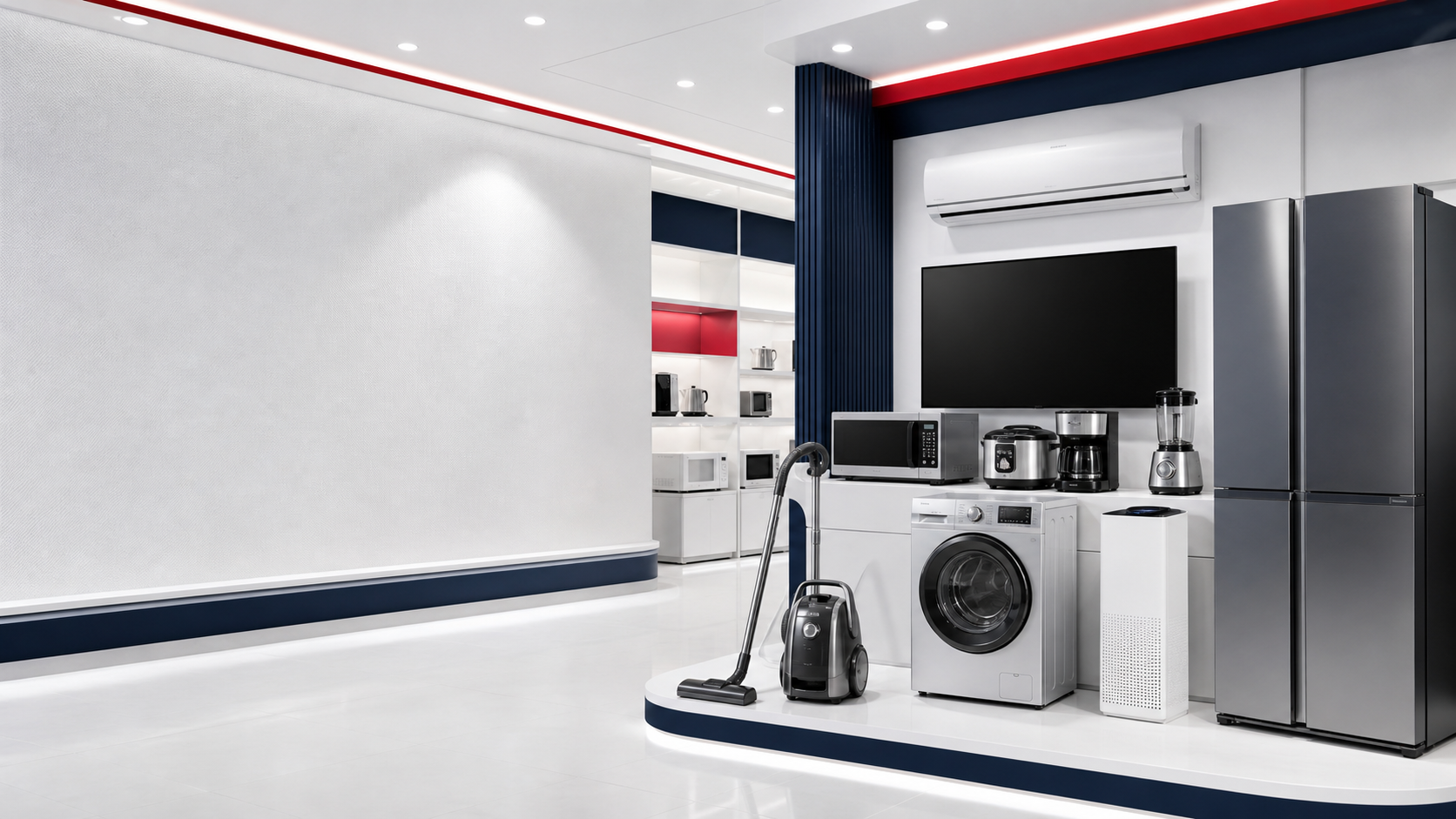 Modern appliance showroom with refrigerators, washing machines, smart TV and kitchen appliances